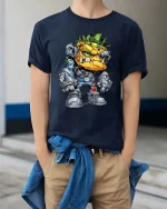 Mecha Beast Warrior T Shirt Sci Fi Cartoon Graphic Art Tee - model wearing navy tee with hands in pockets