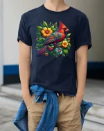 Artistic Cardinal Bird T Shirt Bright Flower Nature Design Tee - model wearing navy tee with hands in pockets