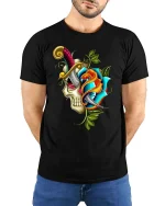 Colorful Fantasy Crest Art T Shirt Bold Vintage Graphic Tee - model wearing black tee with hands behind back