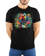 Exotic Macaw Birds T Shirt Colorful Nature Graphic Art Tee - model wearing black tee with hands behind back