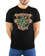 Shrunken Head Hot Sauce Graphic T Shirt Spicy Horror Art Tee - model wearing black tee with hands behind back