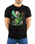 Funny Zombie Swamp Monster Graphic T Shirt Creepy Cartoon Tee - model wearing black tee with hands behind back