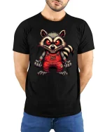 Creepy Evil Raccoon Graphic T Shirt Red Eyes Horror Art Tee - model wearing black tee with hands behind back