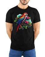 Bright Parrot Illustration T Shirt Tropical Style Graphic Tee - model wearing black tee with hands behind back