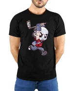 Funny Hockey Mask Cartoon T Shirt Slasher Style Graphic Tee - model wearing black tee with hands behind back