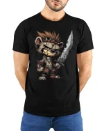 Savage Hyena Warrior Graphic T Shirt Fantasy Battle Art Tee - model wearing black tee with hands behind back