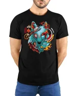 Cyberpunk Wolf Head Graphic T Shirt Futuristic Neon Art Tee - model wearing black tee with hands behind back