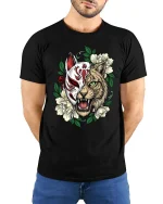 Futuristic Cyber Wolf T Shirt Neon Animal Graphic Streetwear - model wearing black tee with hands behind back