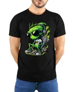 Cool Alien DJ Graphic T Shirt Funny Streetwear Music Vibes - model wearing black tee with hands behind back