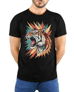 Fierce Roaring Tiger Graphic T Shirt Bold Wild Art Style Tee - model wearing black tee with hands behind back