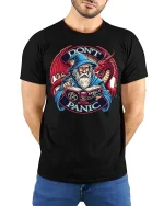Dont Panic Wizard Dragon Graphic T Shirt Funny Fantasy Style - model wearing black tee with hands behind back