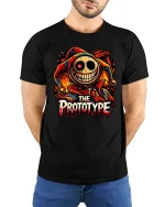 Creepy Joker Prototype Graphic T Shirt Dark Horror Art Tee - model wearing black tee with hands behind back