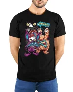 Funny Monster Battle Graphic T Shirt Cartoon Fight Art Tee - model wearing black tee with hands behind back