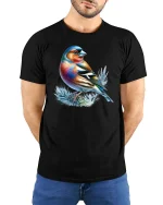 Colorful Songbird Graphic T Shirt Vibrant Nature Art Tee - model wearing black tee with hands behind back