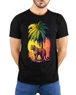 Tropical Leopard Sunset Graphic T Shirt Vibrant Jungle Art Tee - model wearing black tee with hands behind back
