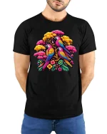 Vibrant Parrot Garden T Shirt Exotic Bird Floral Graphic Tee - model wearing black tee with hands behind back
