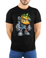Mecha Beast Warrior T Shirt Sci Fi Cartoon Graphic Art Tee - model wearing black tee with hands behind back