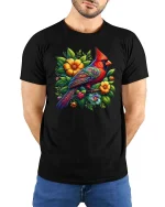 Artistic Cardinal Bird T Shirt Bright Flower Nature Design Tee - model wearing black tee with hands behind back