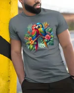 Exotic Macaw Birds T Shirt Colorful Nature Graphic Art Tee - model wearing grey tee, leaning on column