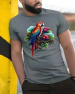 Bright Parrot Illustration T Shirt Tropical Style Graphic Tee - model wearing grey tee, leaning on column