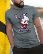 Funny Hockey Mask Cartoon T Shirt Slasher Style Graphic Tee - model wearing grey tee, leaning on column