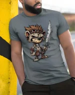 Savage Hyena Warrior Graphic T Shirt Fantasy Battle Art Tee - model wearing grey tee, leaning on column