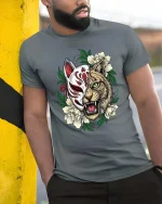 Futuristic Cyber Wolf T Shirt Neon Animal Graphic Streetwear - model wearing grey tee, leaning on column