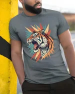 Fierce Roaring Tiger Graphic T Shirt Bold Wild Art Style Tee - model wearing grey tee, leaning on column