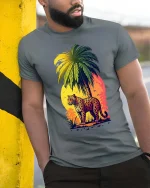 Tropical Leopard Sunset Graphic T Shirt Vibrant Jungle Art Tee - model wearing grey tee, leaning on column
