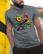 Artistic Cardinal Bird T Shirt Bright Flower Nature Design Tee - model wearing grey tee, leaning on column