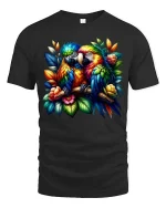 Vibrant Macaw Couple Art Tshirt Exotic Jungle Bird Tee - black t-shirt on white background