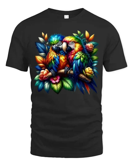 Vibrant Macaw Couple Art Tshirt Exotic Jungle Bird Tee - black t-shirt on white background