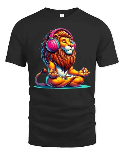 Chill Lion With Headphones Graphic T Shirt Zen Music Vibes Tee - black t-shirt on white background