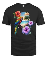 Tropical Parrot Beach Sunset Graphic T Shirt Island Vibes Tee - black t-shirt on white background