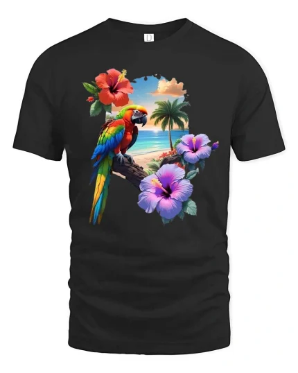 Tropical Parrot Beach Sunset Graphic T Shirt Island Vibes Tee - black t-shirt on white background