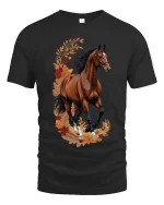 Elegant Running Horse Floral Graphic T Shirt Nature Style Tee - black t-shirt on white background