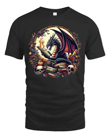 Fantasy Dragon Reading Books Graphic T Shirt Dark Magic Tee - black t-shirt on white background