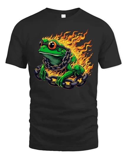 Fire Frog With Chains Graphic T Shirt Cool Burning Amphibian Tee - black t-shirt on white background