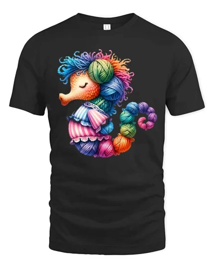 Cute Yarn Seahorse Knitting Lover Colorful Graphic T Shirt - black t-shirt on white background