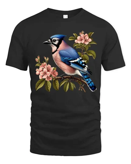 Blue Jay Bird Blossom Graphic T Shirt Elegant Nature Art Tee - black t-shirt on white background
