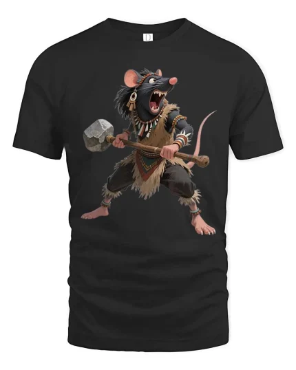 Savage Rat Warrior Graphic T Shirt Funny Tribal Mouse Tee - black t-shirt on white background