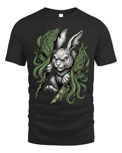 Dark Rabbit Cthulhu Graphic T Shirt Creepy Fantasy Bunny Tee - black t-shirt on white background