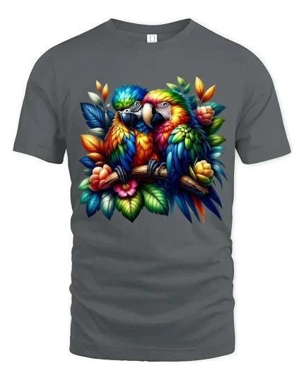 Vibrant Macaw Couple Art Tshirt Exotic Jungle Bird Tee - gray t-shirt on white background