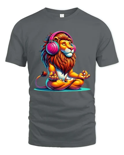 Chill Lion With Headphones Graphic T Shirt Zen Music Vibes Tee - gray t-shirt on white background