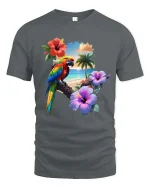 Tropical Parrot Beach Sunset Graphic T Shirt Island Vibes Tee - gray t-shirt on white background