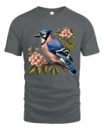 Blue Jay Bird Blossom Graphic T Shirt Elegant Nature Art Tee - gray t-shirt on white background