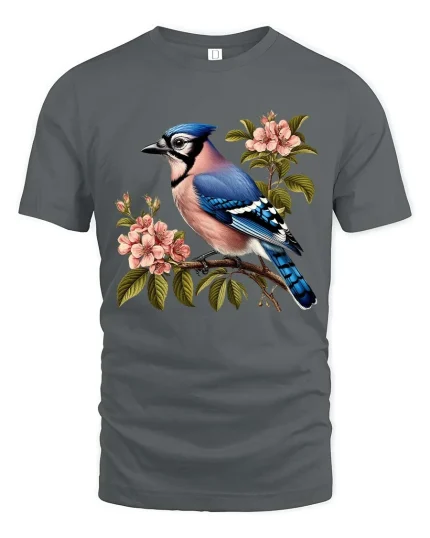 Blue Jay Bird Blossom Graphic T Shirt Elegant Nature Art Tee - gray t-shirt on white background