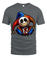 Creepy Smiling Jester Skull Graphic T Shirt Dark Humor Tee - gray t-shirt on white background