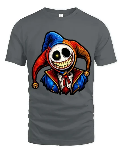 Creepy Smiling Jester Skull Graphic T Shirt Dark Humor Tee - gray t-shirt on white background