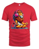 Chill Lion With Headphones Graphic T Shirt Zen Music Vibes Tee - red t-shirt on white background